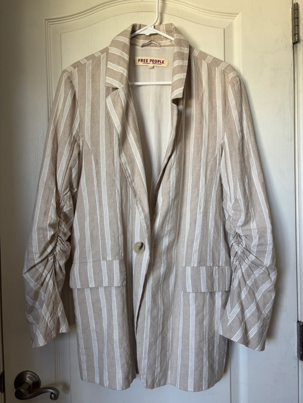 Free People Beige & White Striped Linen-Blend Blazer